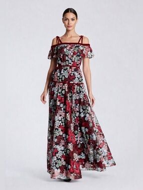 Zac Posen Rosette Embroidered Flutter Off-the-Shoulder Gown Maxi floral dress